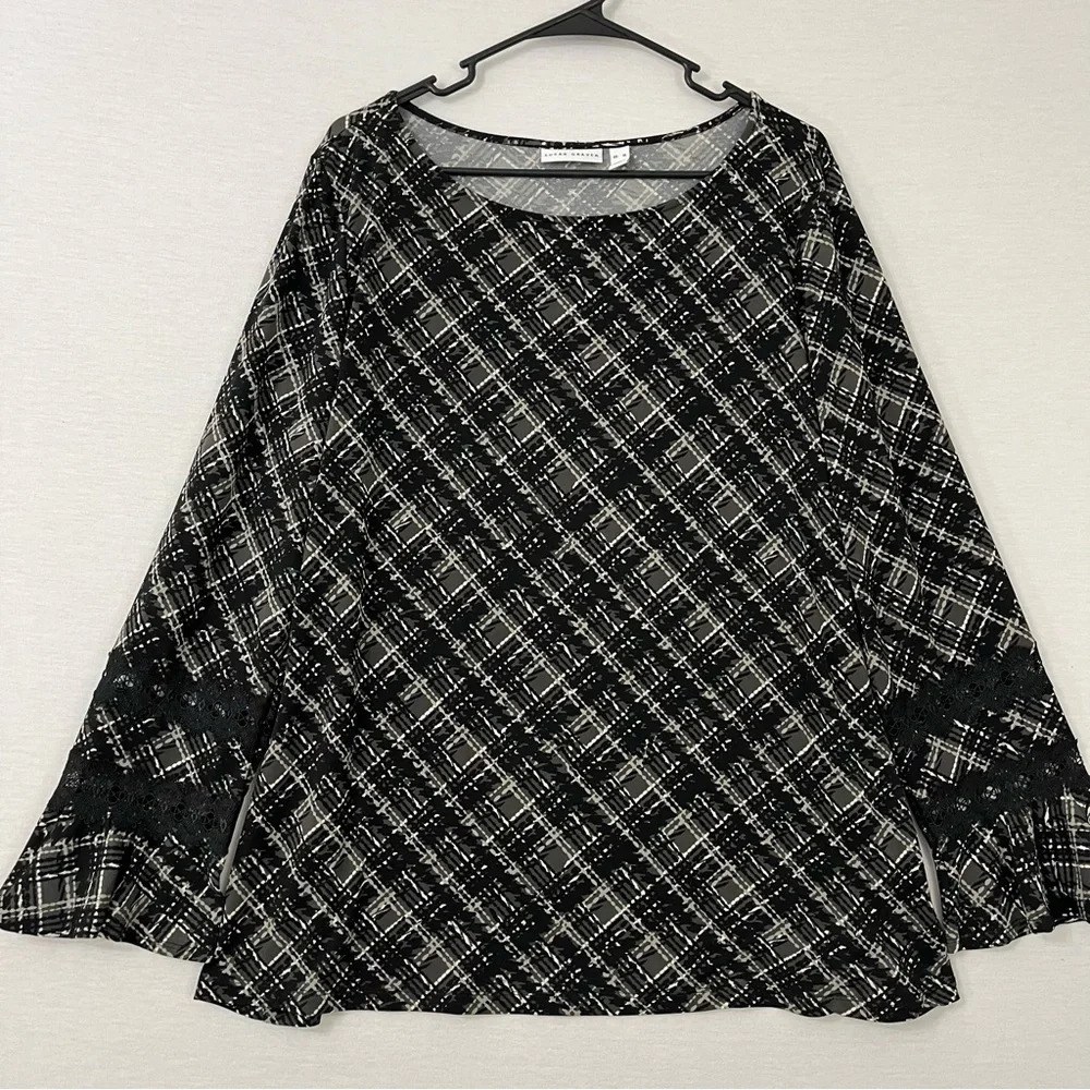 Susan Graver Black Gray Plaid Stretch Liquid Knit Office Career Blouse size XL